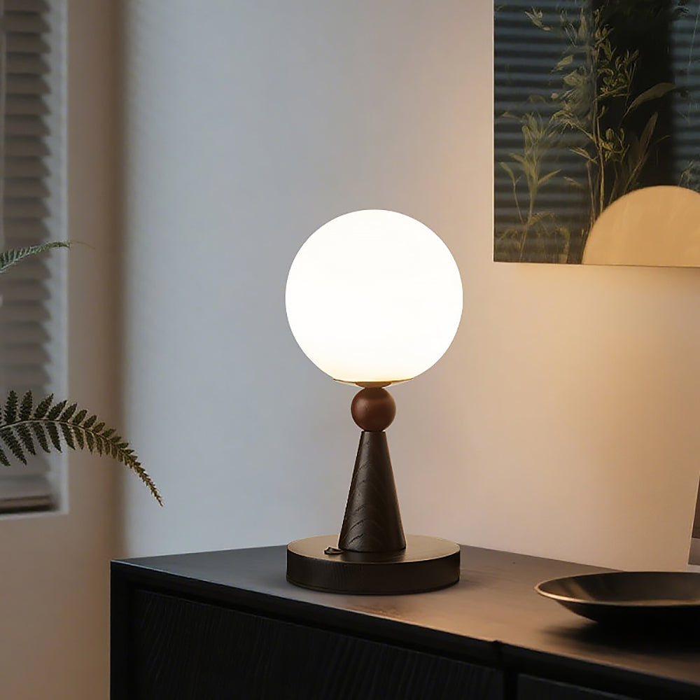Lampe de Table en Bois et Verre avec Abat-Jour Sphérique
