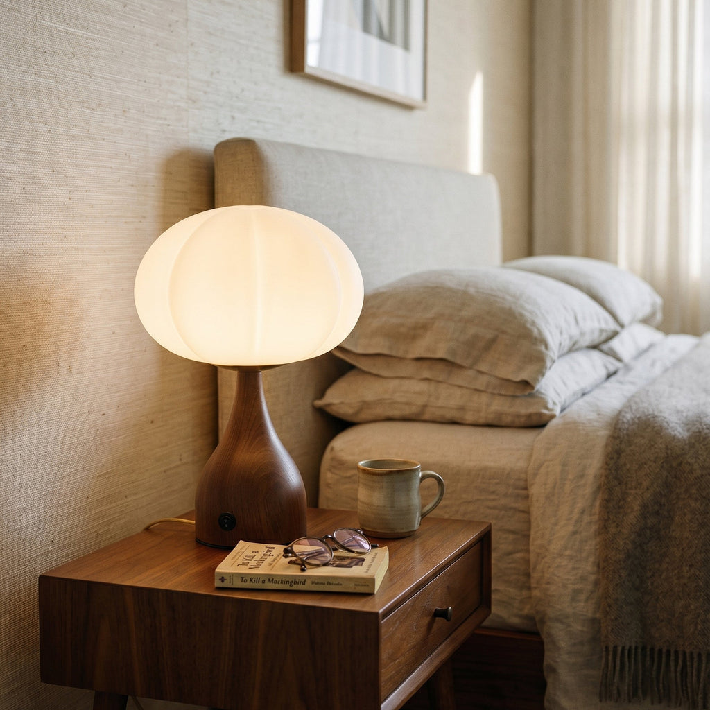 Lampe de Table Avec Verre Rippé Et Base Couleur Noyer