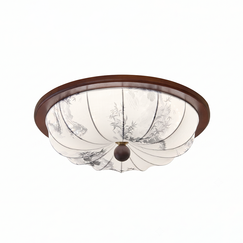 Plafonnier avec Abat-jour en Tissu et Détails en Bois