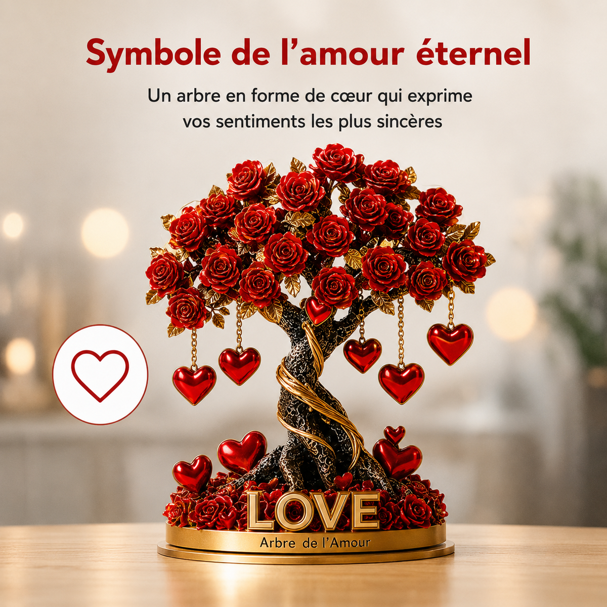 NOBLEHEART GEM – Élégant arbre de roses en cristal en forme de cœur avec base dorée
