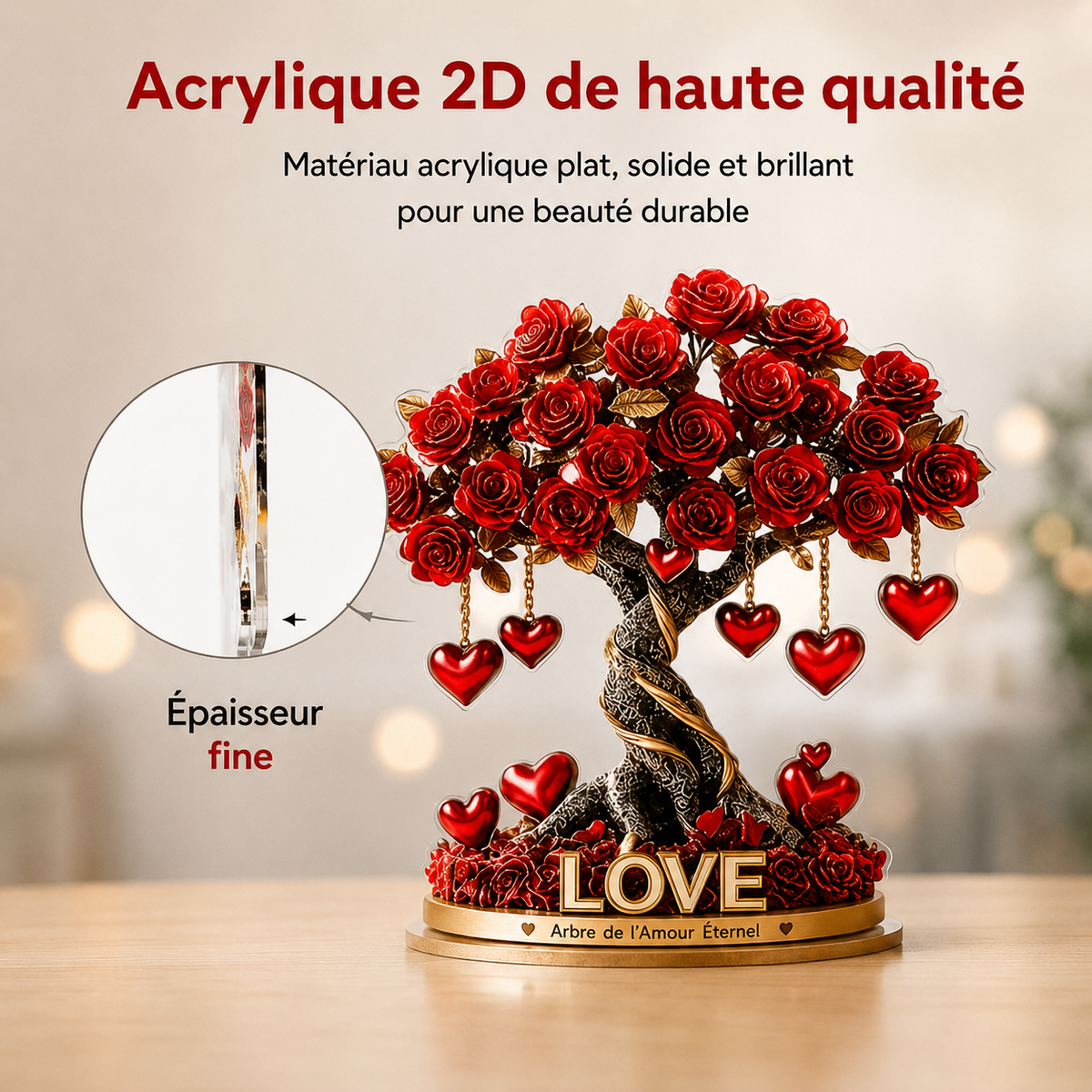 NOBLEHEART GEM – Élégant arbre de roses en cristal en forme de cœur avec base dorée