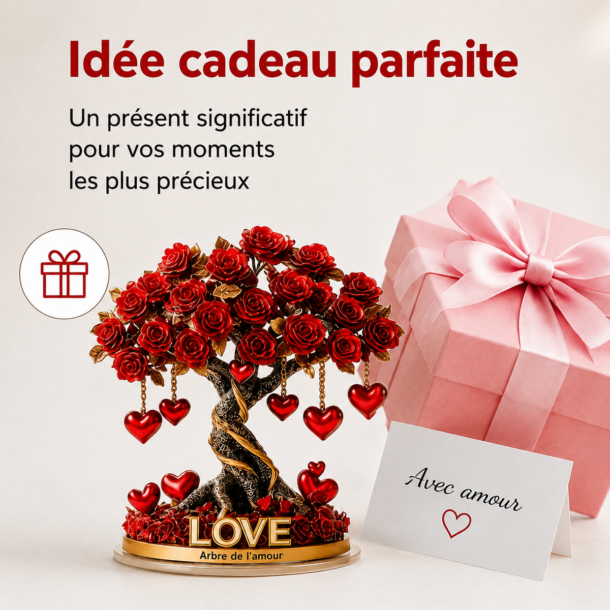 NOBLEHEART GEM – Élégant arbre de roses en cristal en forme de cœur avec base dorée