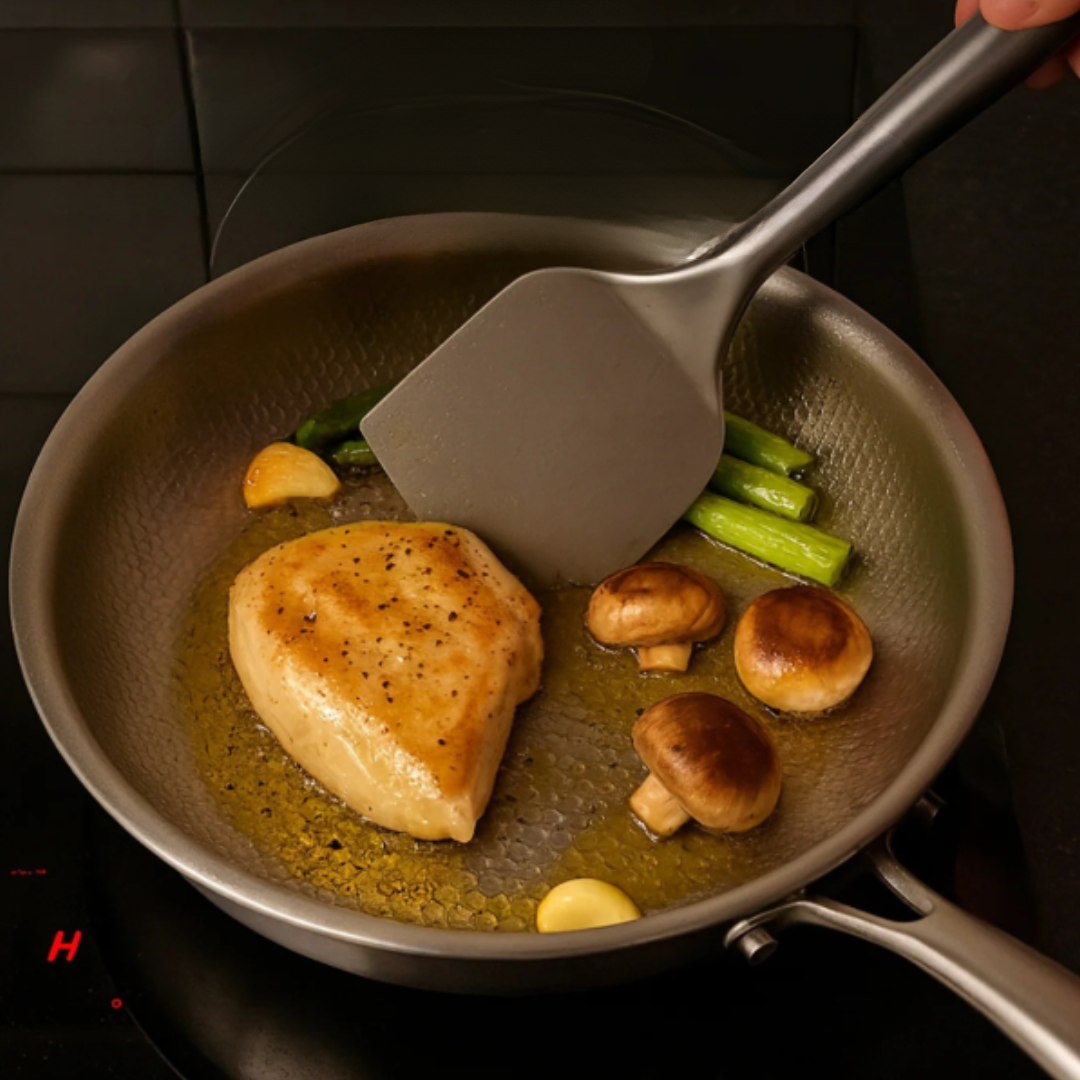 Ustensiles de cuisine en titane avec finition martelée – des ustensiles durables et élégants en couleur argent métallique