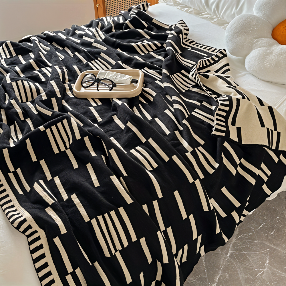 Plaid tricoté en acrylique noir et beige pour canapé et lit