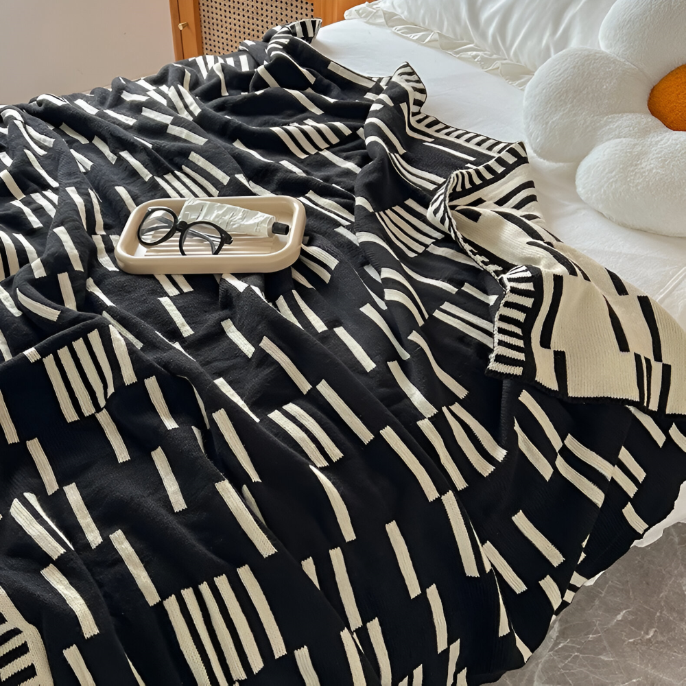Plaid tricoté en acrylique noir et beige pour canapé et lit