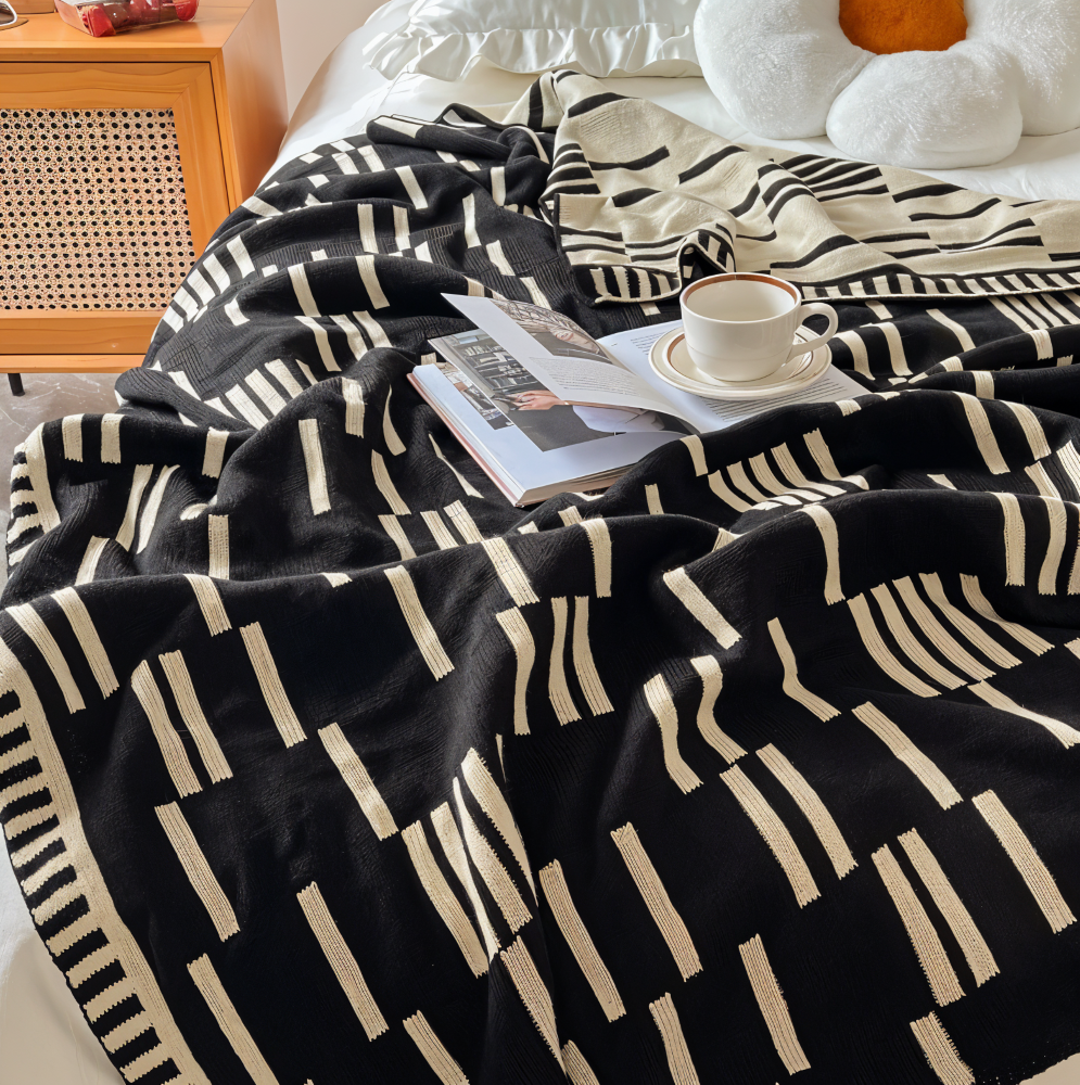 Plaid tricoté en acrylique noir et beige pour canapé et lit