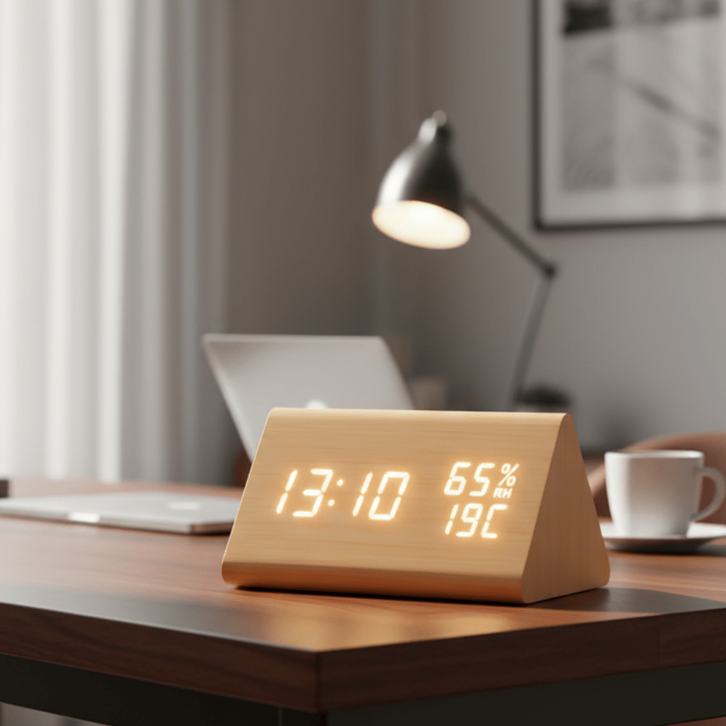 ECOCLOCK – Horloge numérique en bois minimaliste avec affichage de la température et réglage de la lumière