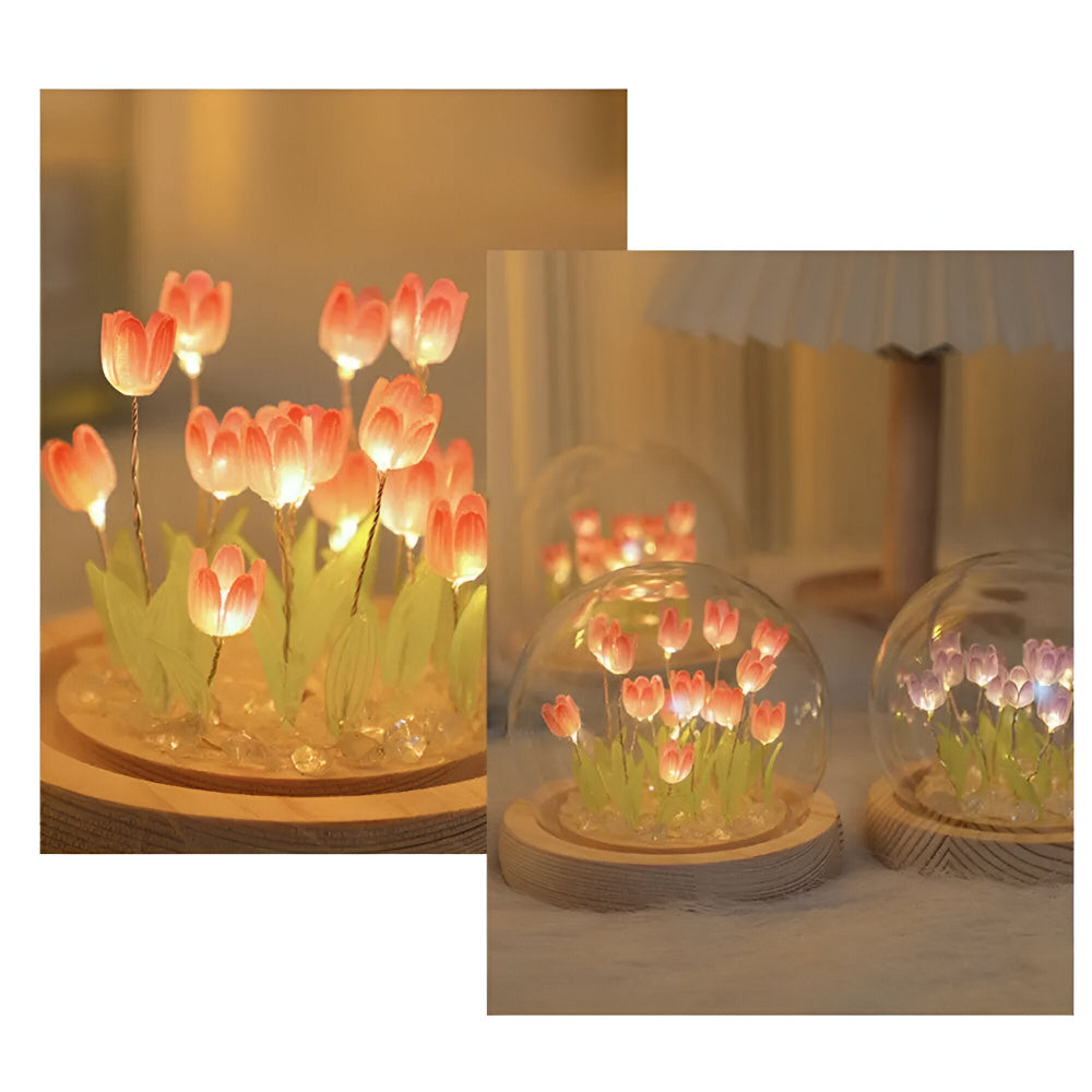 Lampe de fleurs LED tulipes – lampe décorative avec dôme en verre à piles