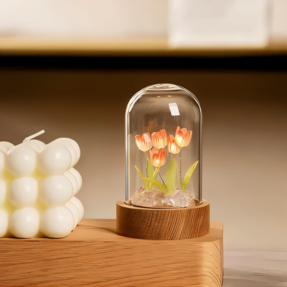 Lampe de fleurs LED tulipes – lampe décorative avec dôme en verre à piles