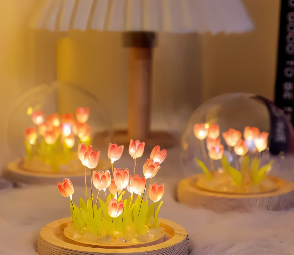 Lampe de fleurs LED tulipes – lampe décorative avec dôme en verre à piles