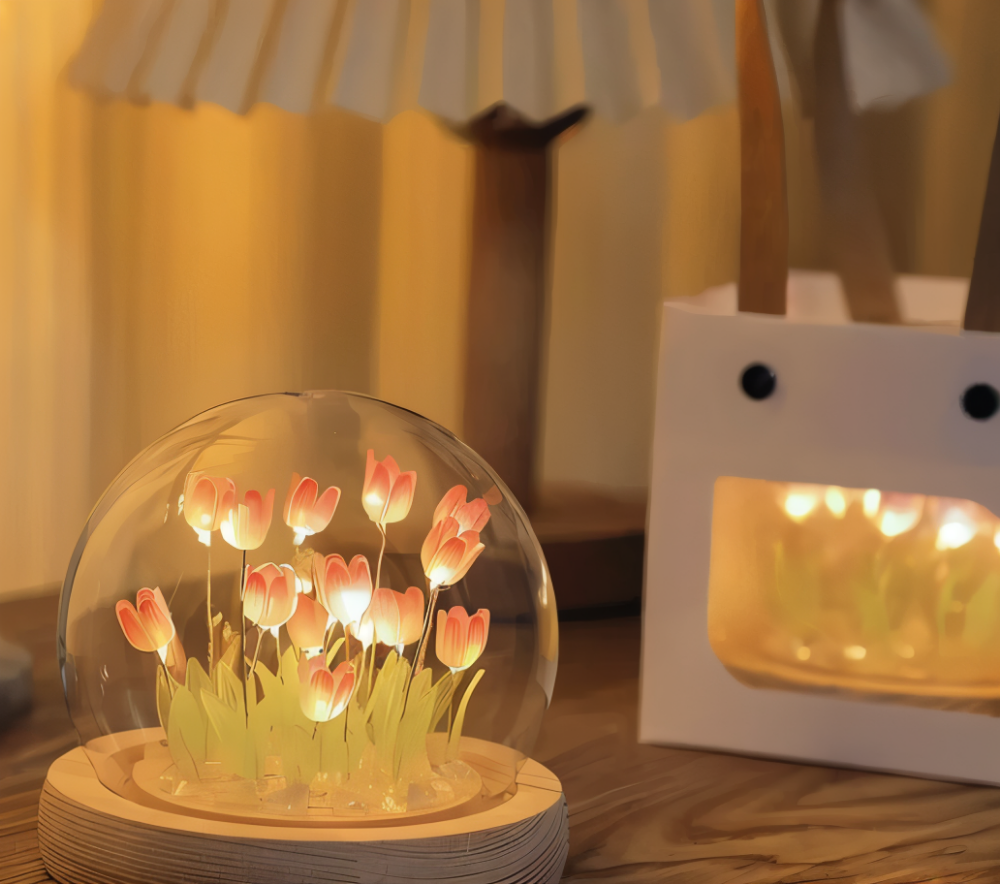 Lampe de fleurs LED tulipes – lampe décorative avec dôme en verre à piles