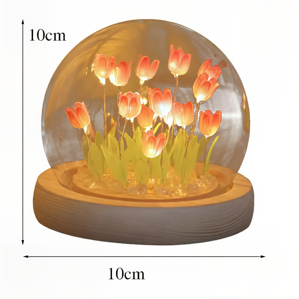 Lampe de fleurs LED tulipes – lampe décorative avec dôme en verre à piles