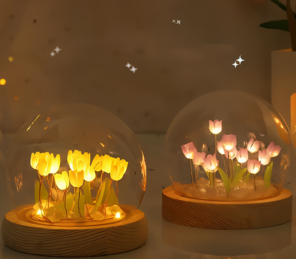 Lampe de fleurs LED tulipes – lampe décorative avec dôme en verre à piles