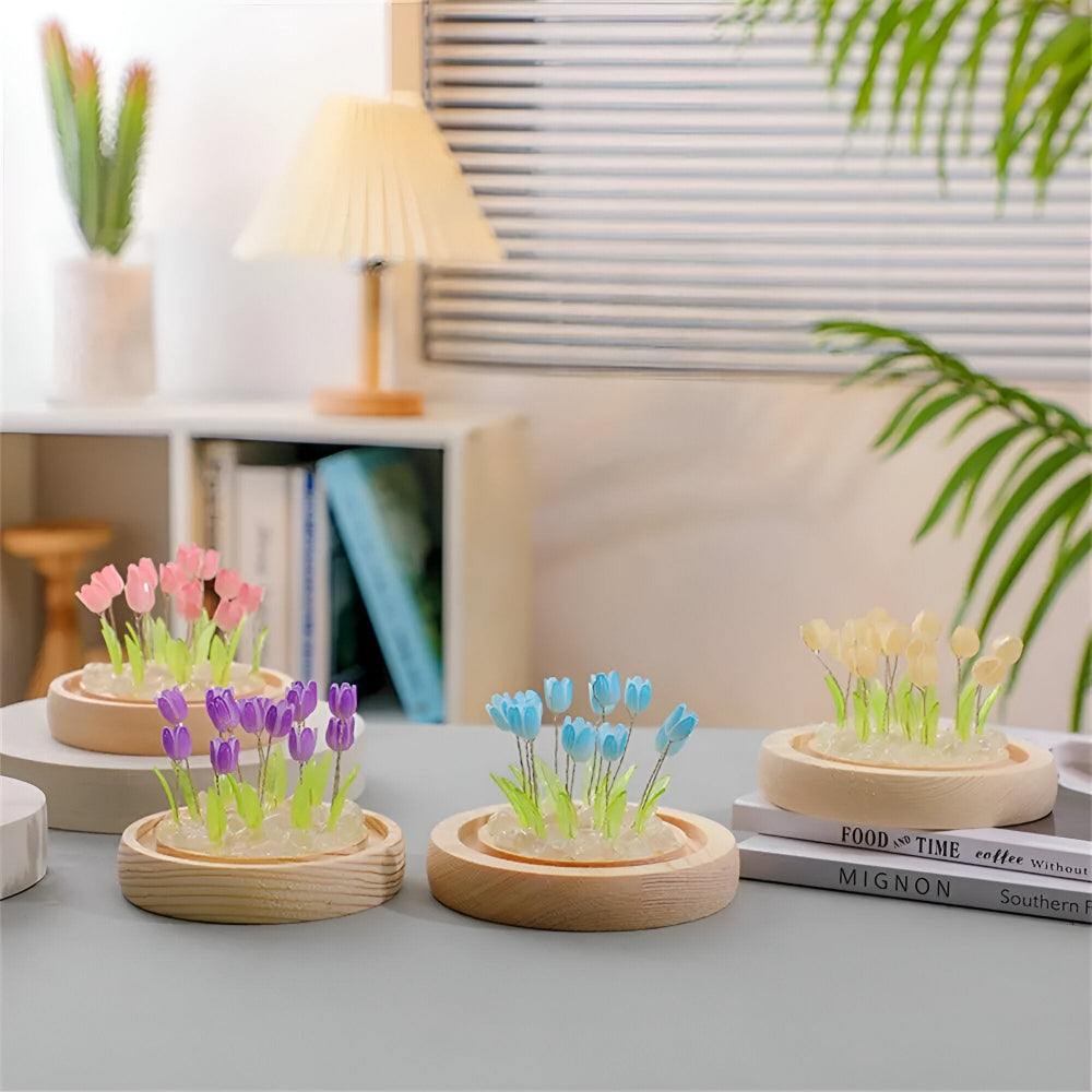 Lampe de fleurs LED tulipes – lampe décorative avec dôme en verre à piles