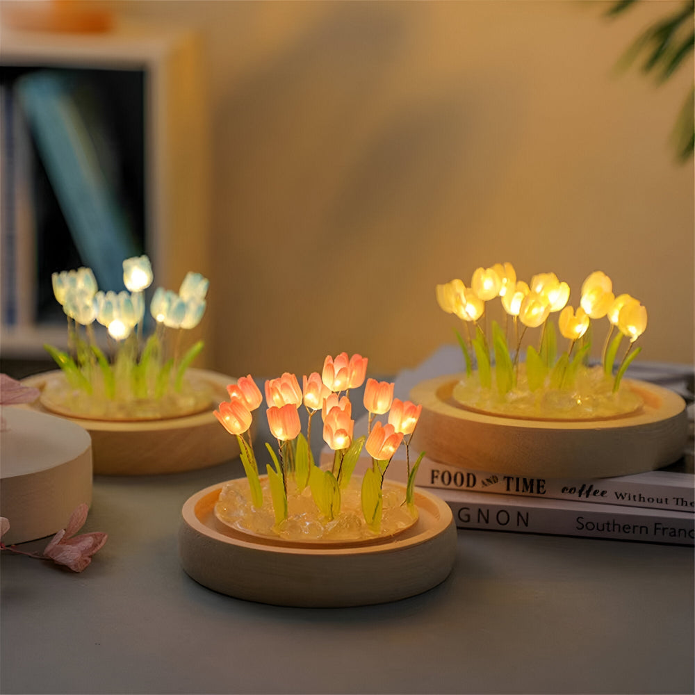 Lampe de fleurs LED tulipes – lampe décorative avec dôme en verre à piles