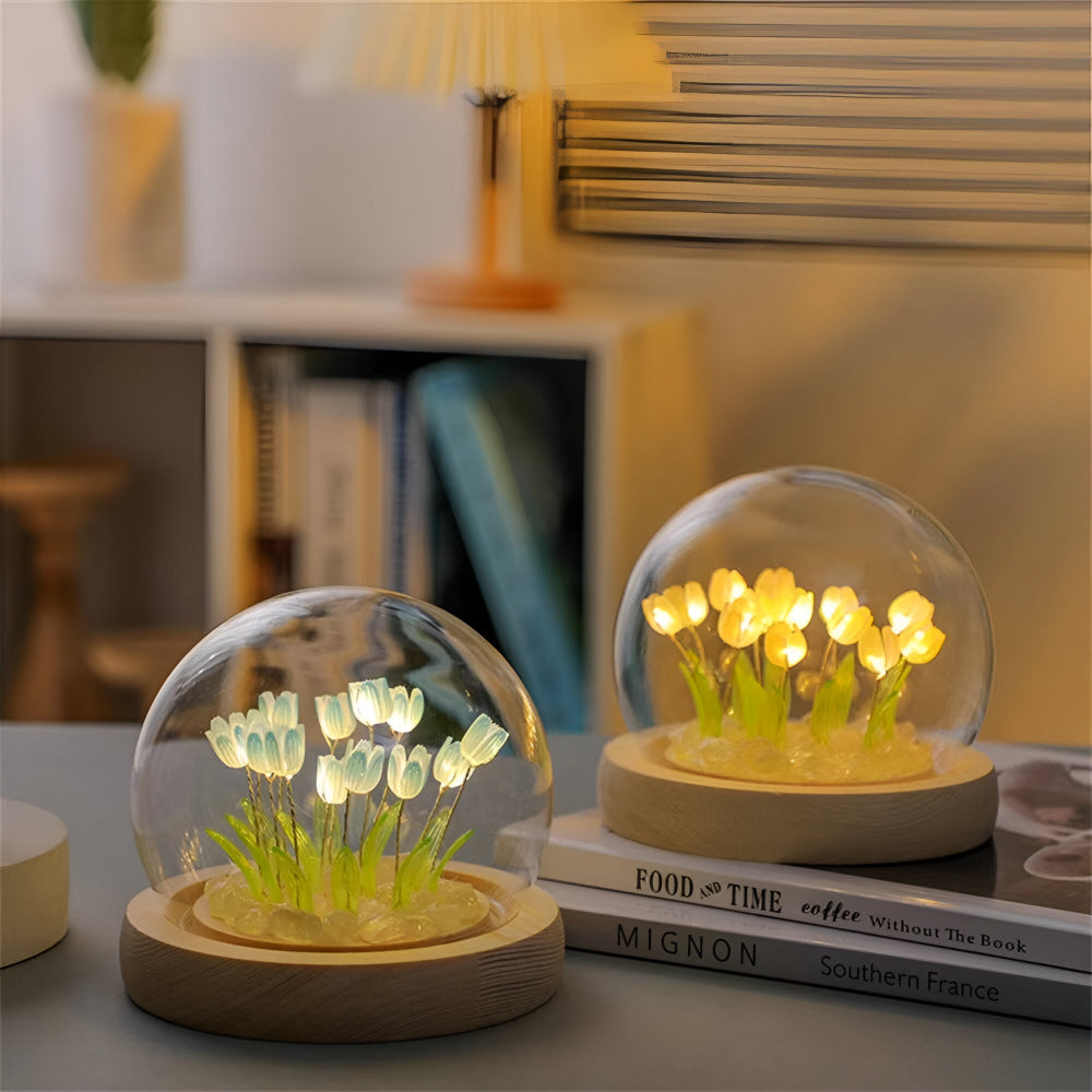 Lampe de fleurs LED tulipes – lampe décorative avec dôme en verre à piles