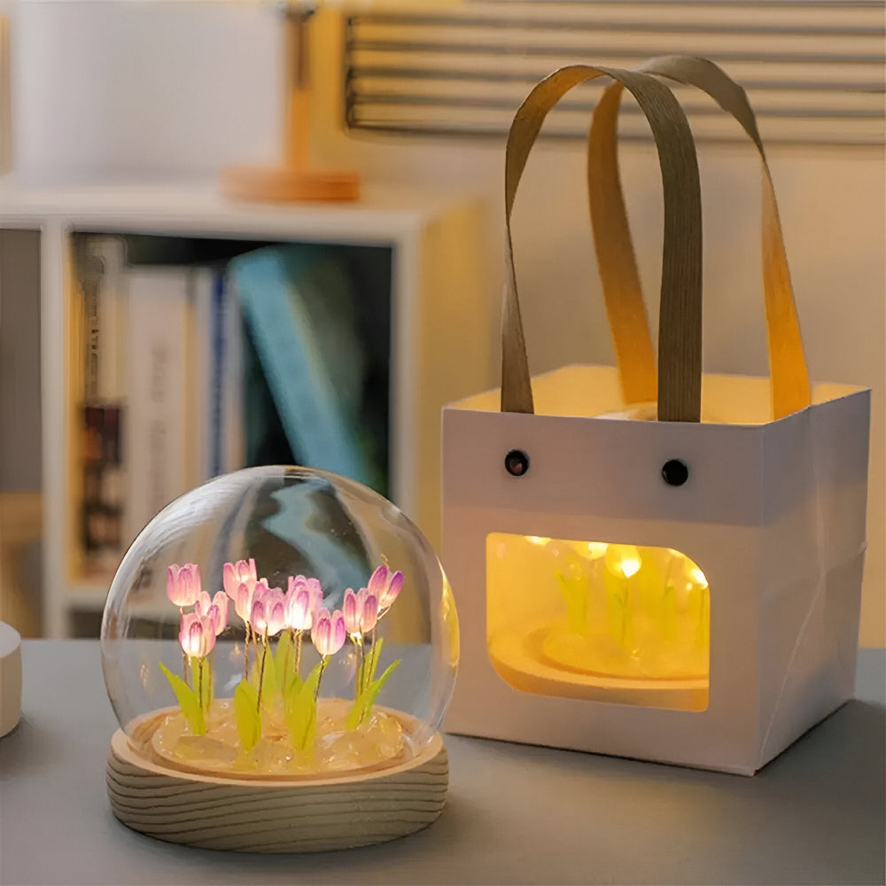 Lampe de fleurs LED tulipes – lampe décorative avec dôme en verre à piles