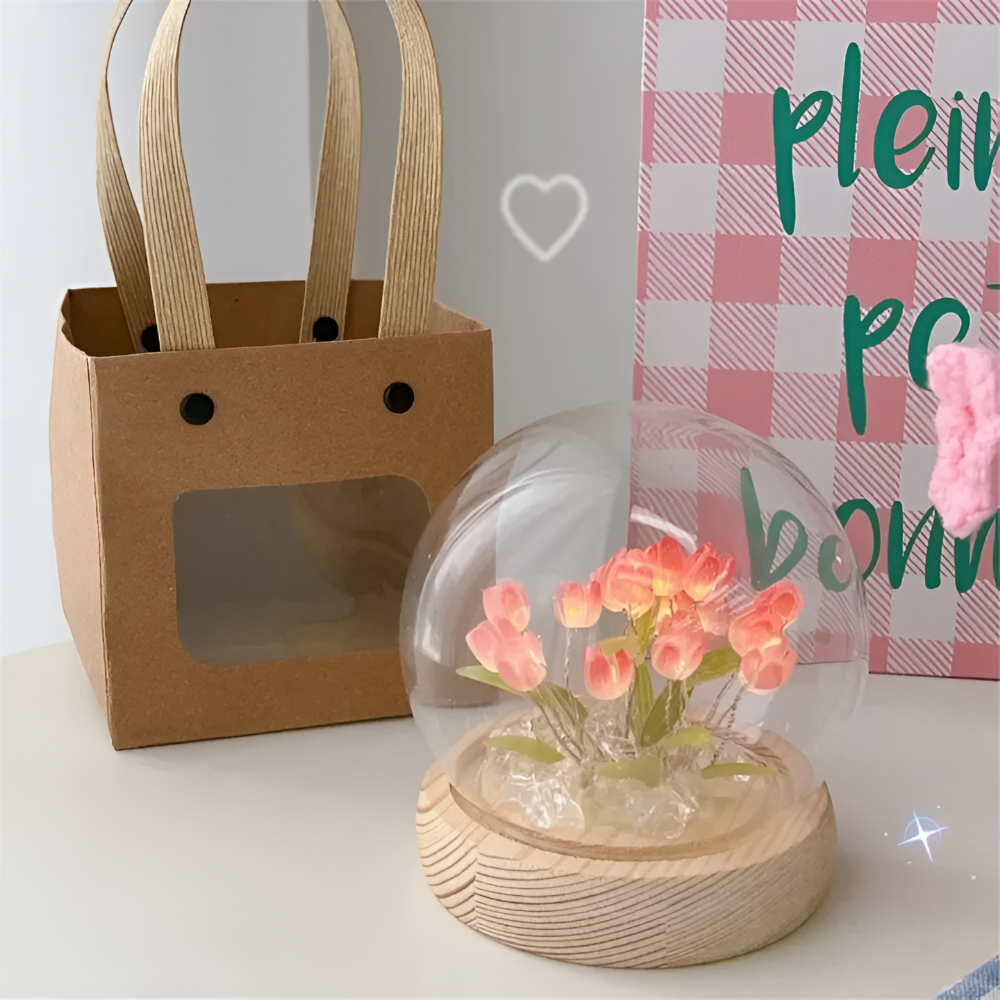 Lampe de fleurs LED tulipes – lampe décorative avec dôme en verre à piles