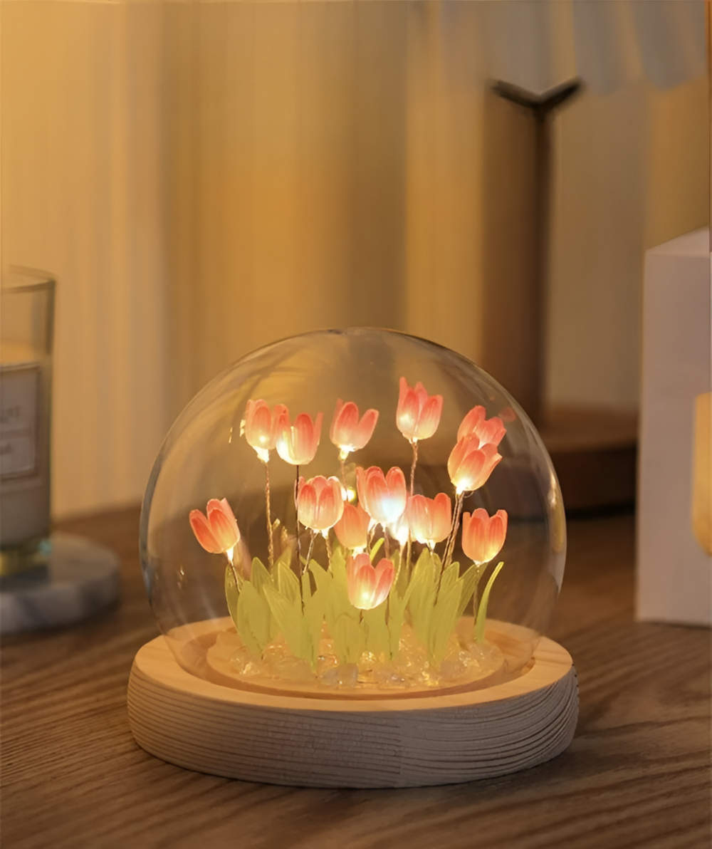 Lampe de fleurs LED tulipes – lampe décorative avec dôme en verre à piles