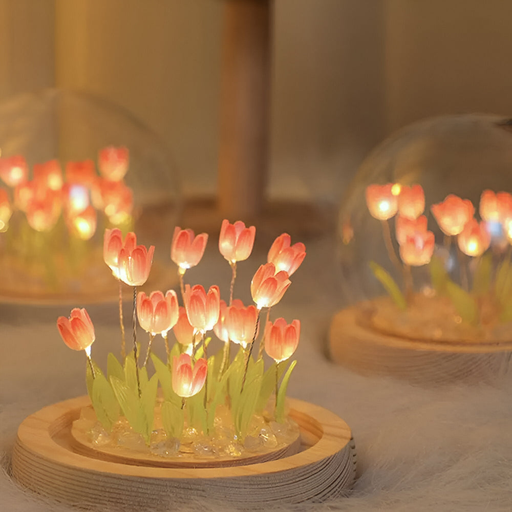 Lampe de fleurs LED tulipes – lampe décorative avec dôme en verre à piles