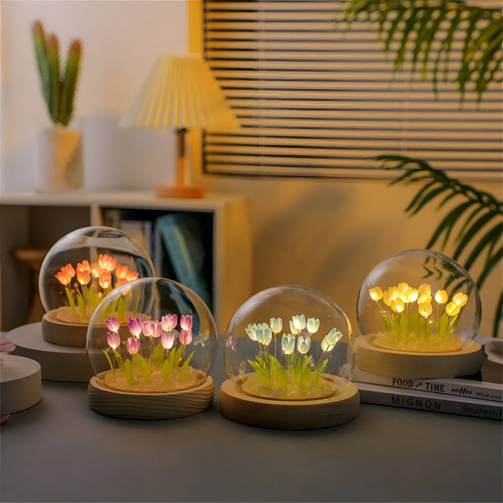 Lampe de fleurs LED tulipes – lampe décorative avec dôme en verre à piles