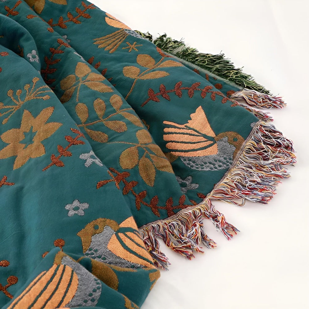 Plaid Floravia – Plaid en coton réversible avec oiseaux et fleurs brodés dans un style boho