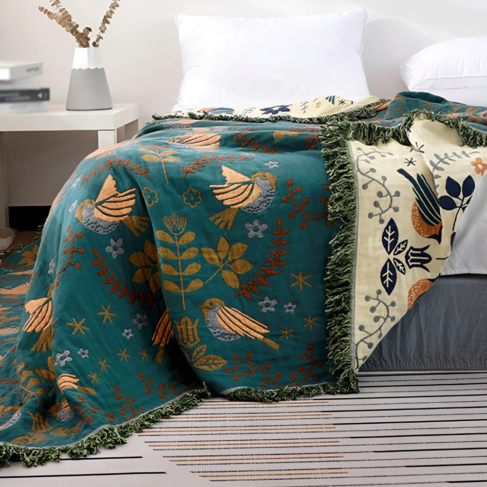 Plaid Floravia – Plaid en coton réversible avec oiseaux et fleurs brodés dans un style boho