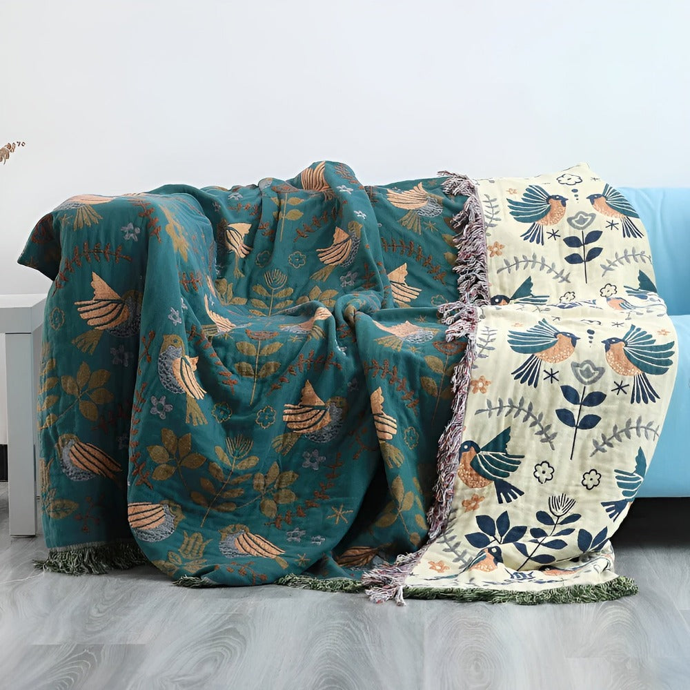 Plaid Floravia – Plaid en coton réversible avec oiseaux et fleurs brodés dans un style boho