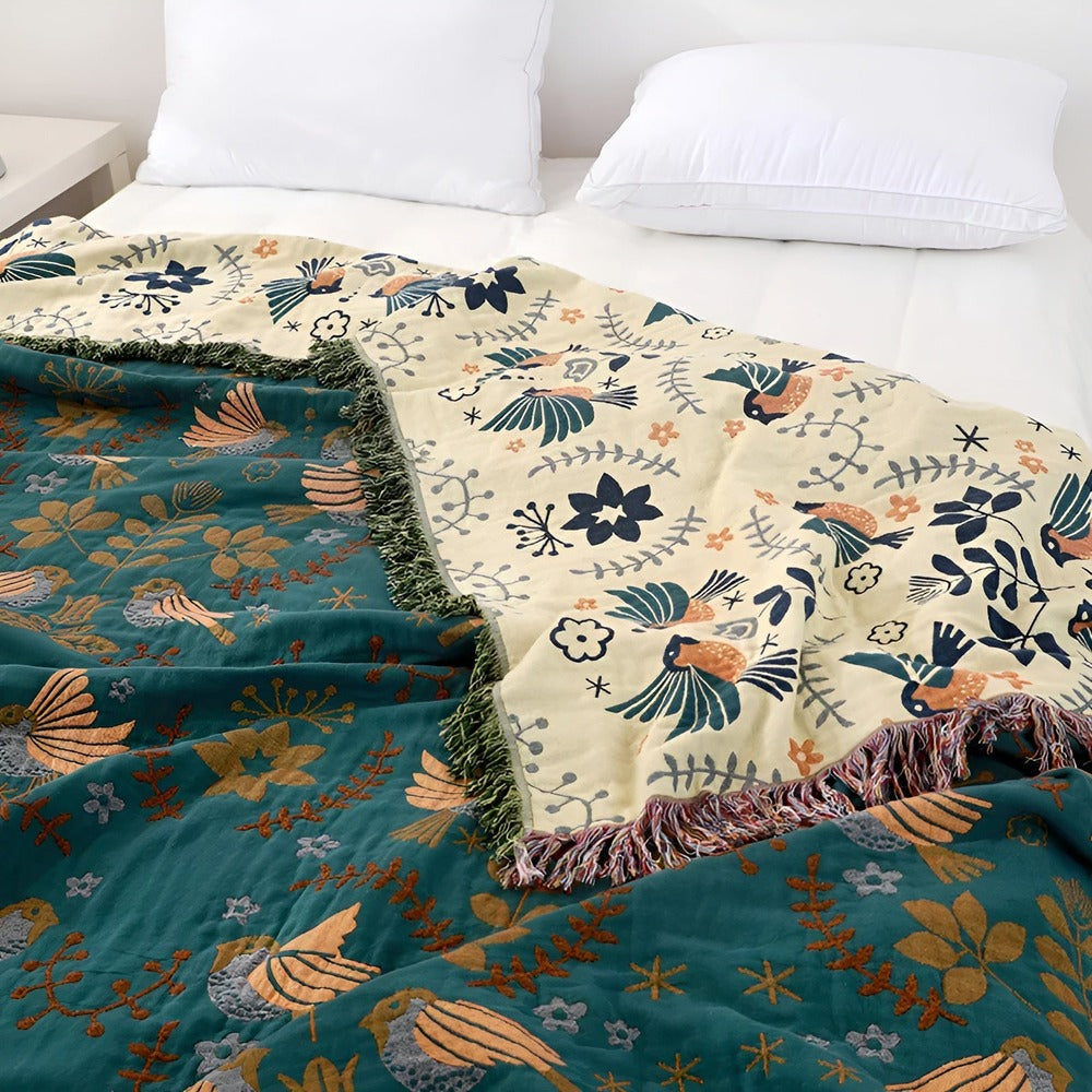 Plaid Floravia – Plaid en coton réversible avec oiseaux et fleurs brodés dans un style boho