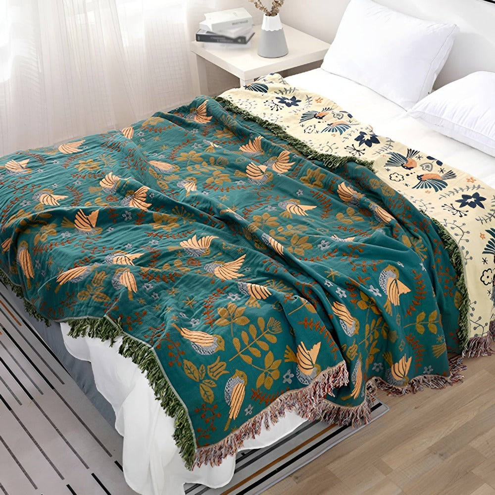 Plaid Floravia – Plaid en coton réversible avec oiseaux et fleurs brodés dans un style boho