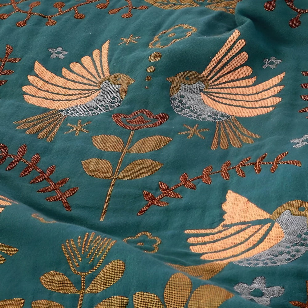 Plaid Floravia – Plaid en coton réversible avec oiseaux et fleurs brodés dans un style boho