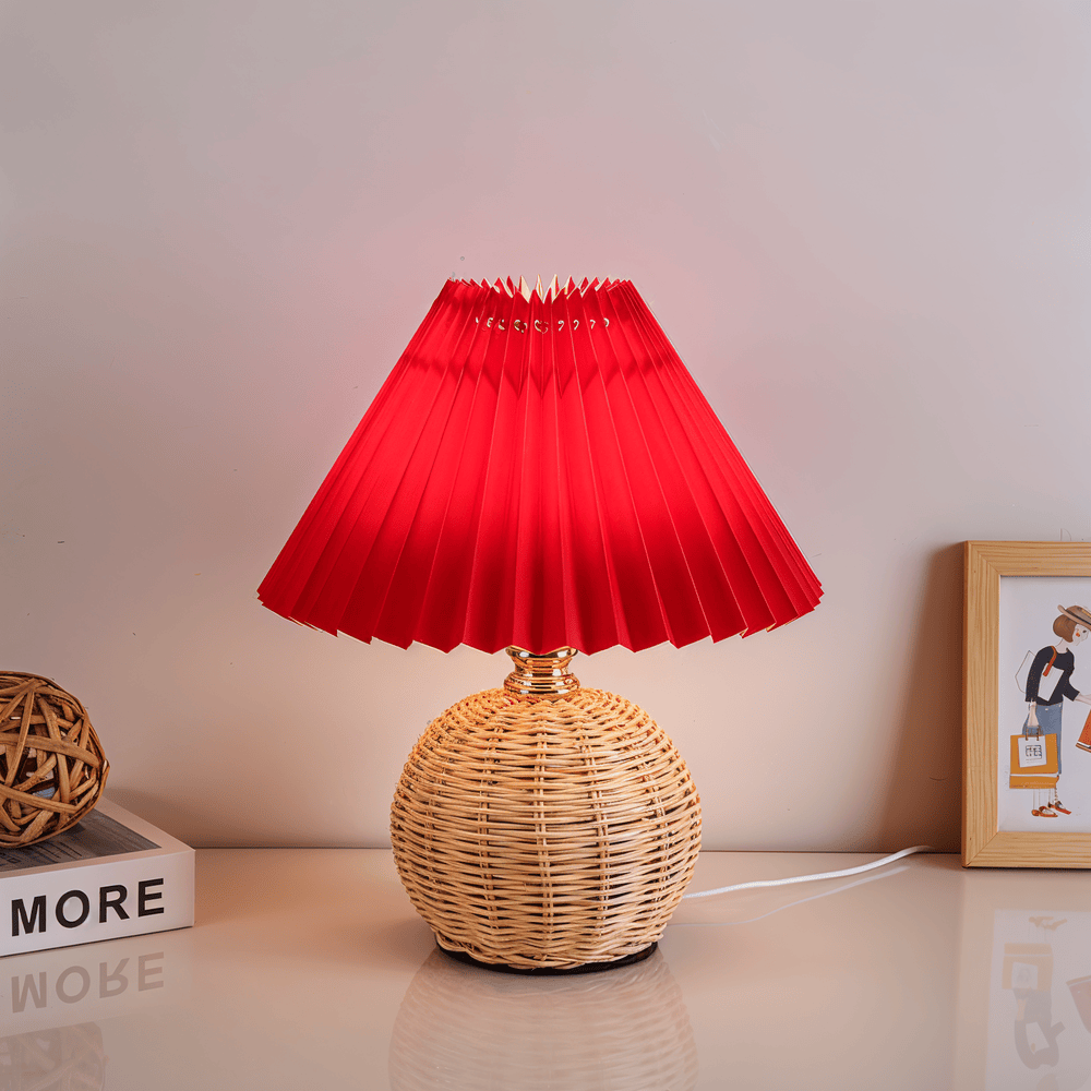 RaffiaGlow – Lampe de Table Plissée en Rotin au Design Rétro