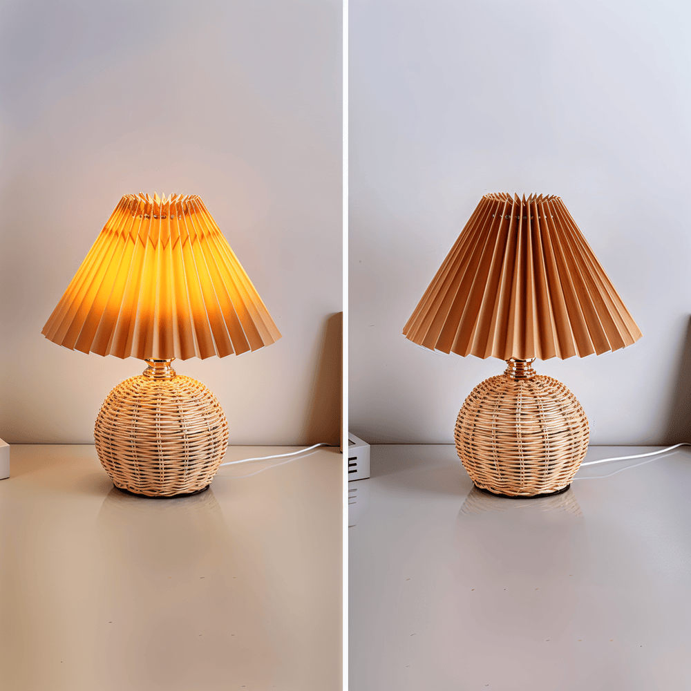 RaffiaGlow – Lampe de Table Plissée en Rotin au Design Rétro