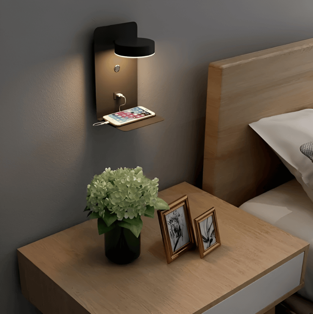 Lampe murale LED en aluminium avec étagère et USB – lampe de lit dimmable