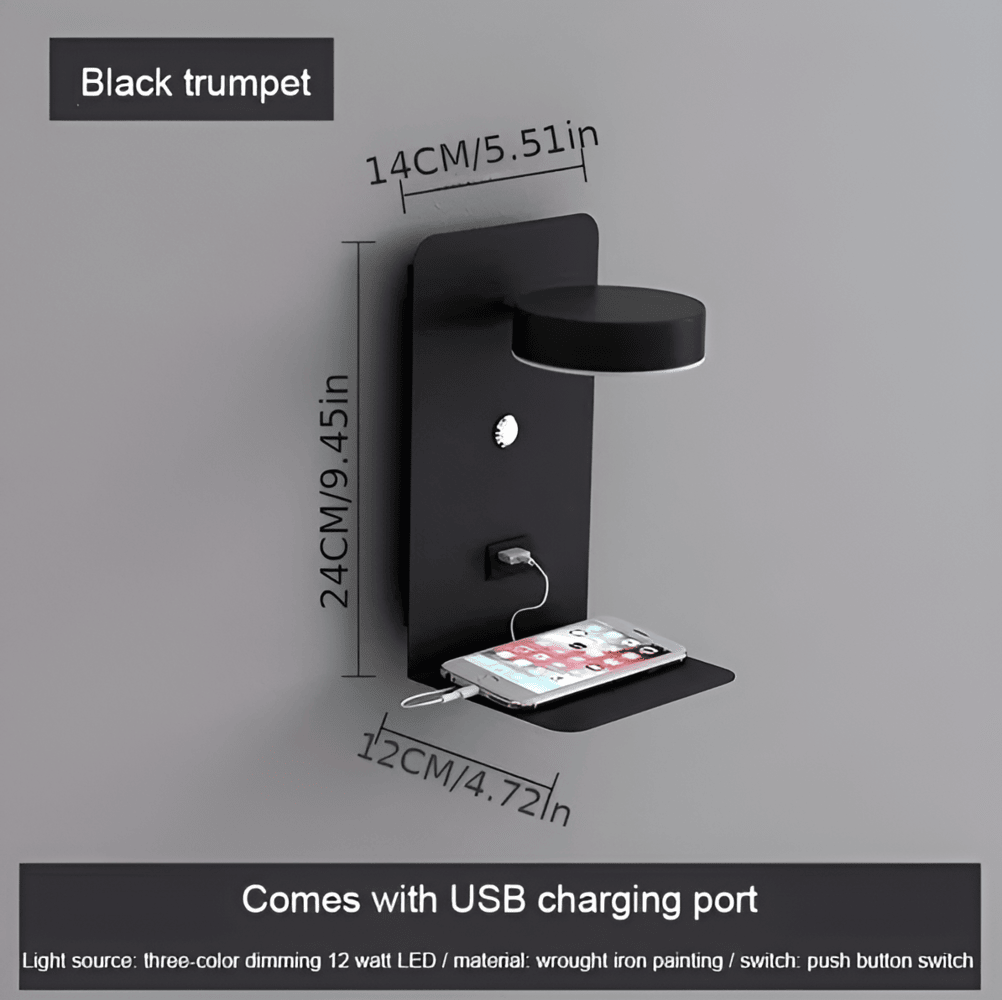 Lampe murale LED en aluminium avec étagère et USB – lampe de lit dimmable