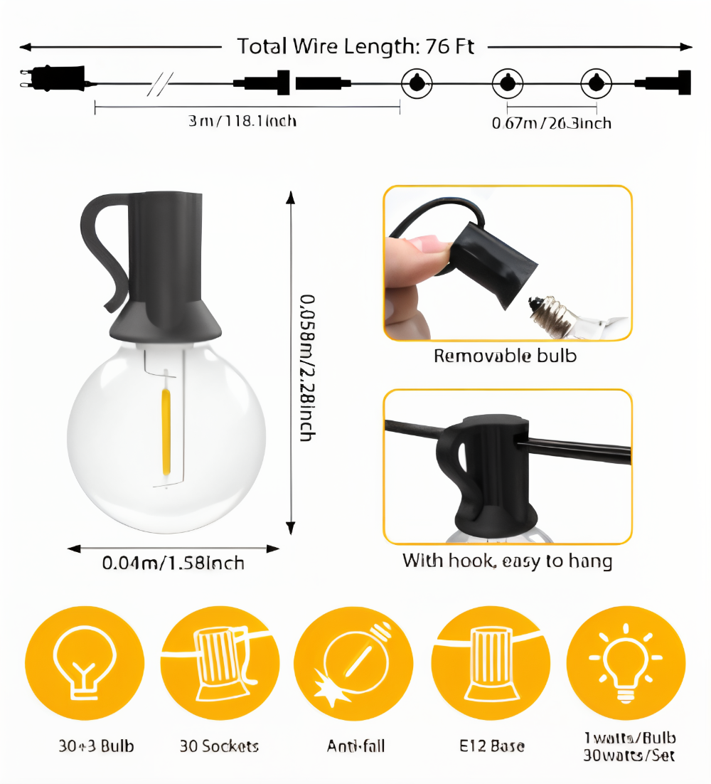 ElectriBulb Guirlande Luminaires - Éclairage Extérieur Globe G40 - IP44 & Résistant aux Chocs Éclairage de Jardin