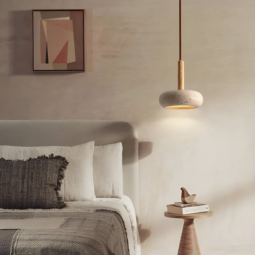 Suspension en travertin et bois – lampe de plafond naturelle