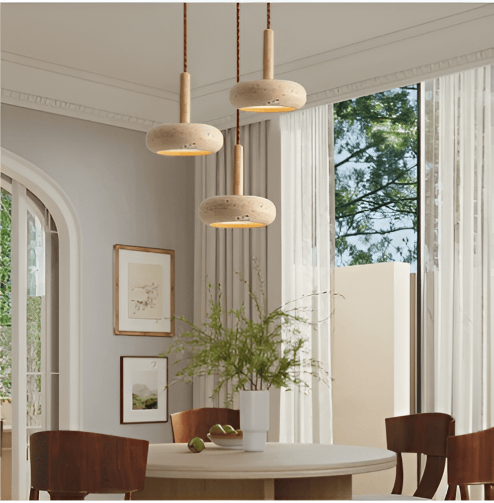 Suspension en travertin et bois – lampe de plafond naturelle