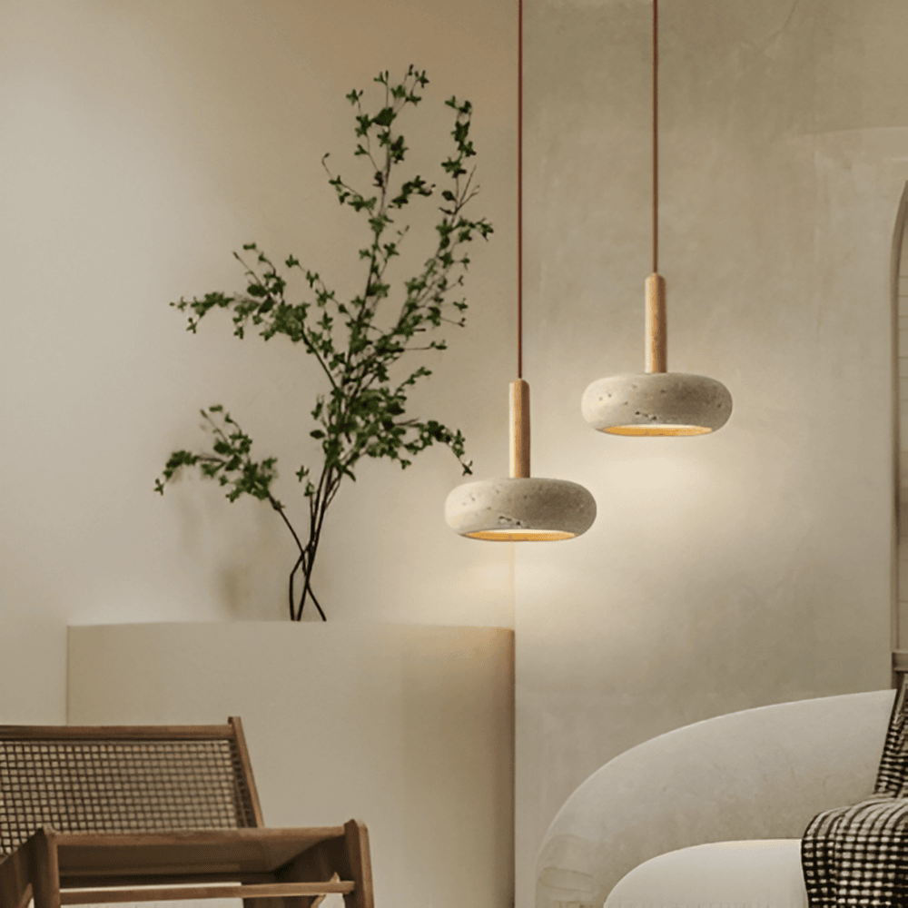 Suspension en travertin et bois – lampe de plafond naturelle