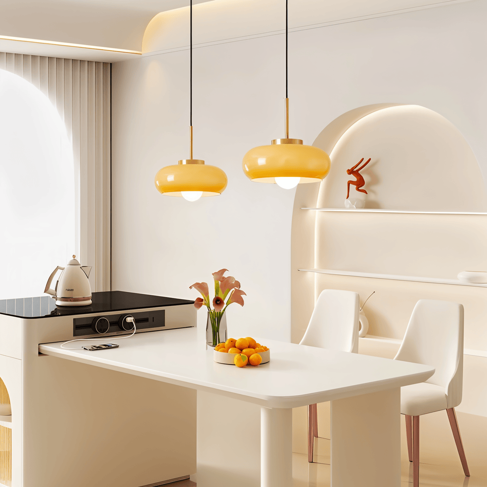 Lampe suspendue rétro en verre et cuivre – lampe de plafond Bauhaus avec éclairage chaud