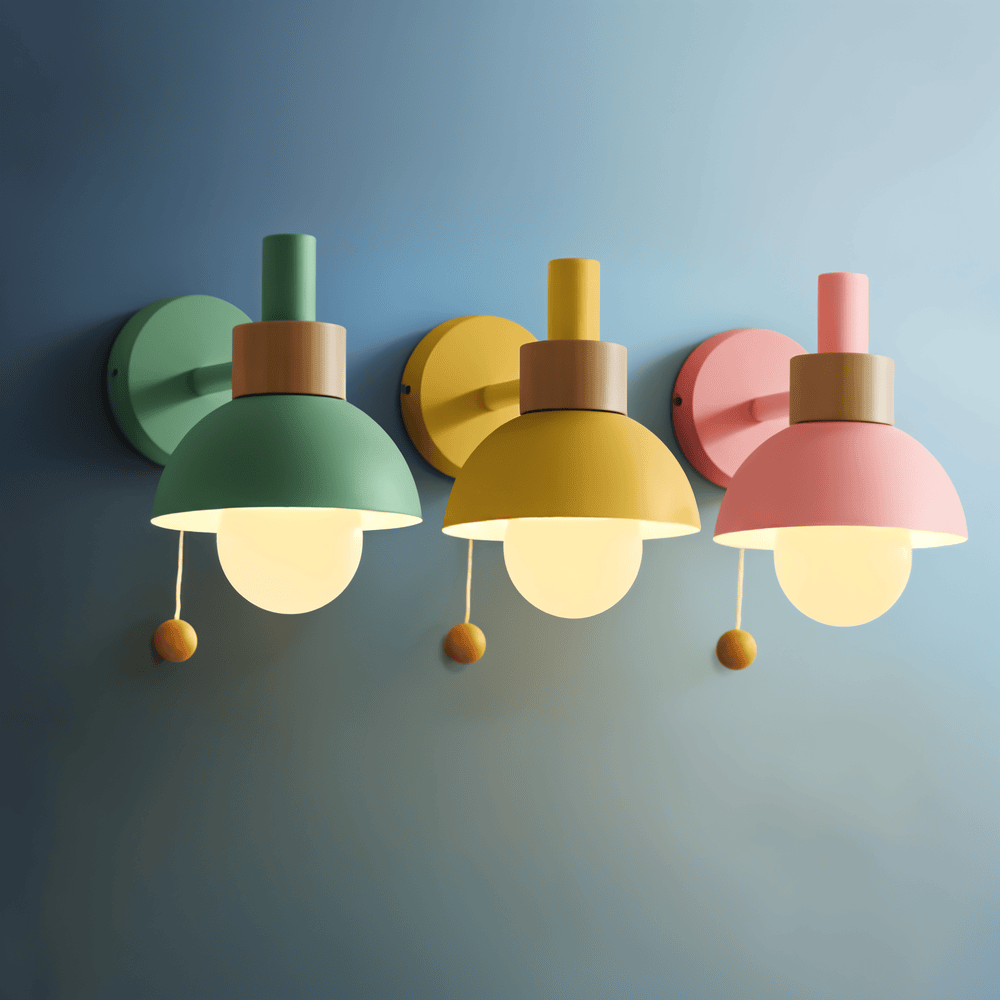Applique murale en bois et métal – design pastel avec cordon de tirage