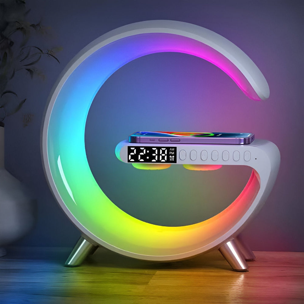 SmartiShine - Lampe de nuit stylée en forme de G - Station de charge sans fil multifonctionnelle avec horloge