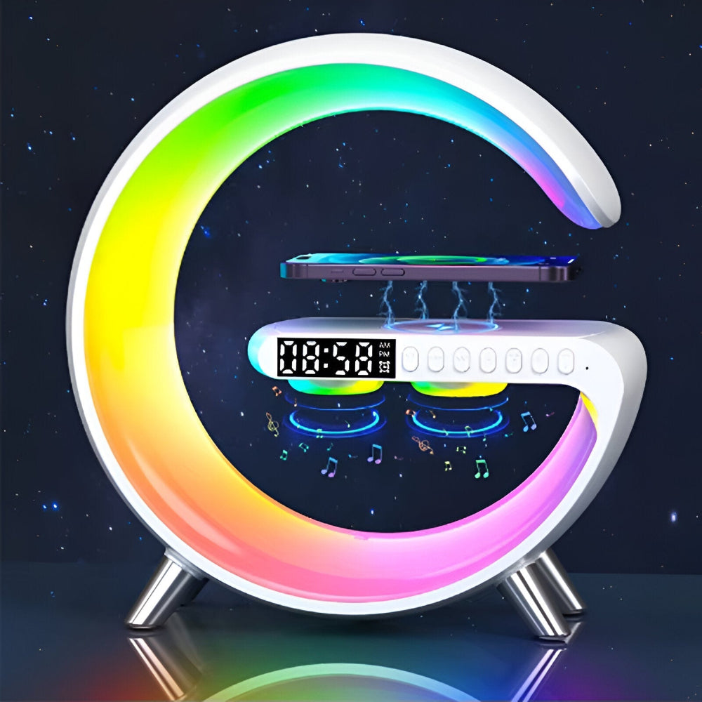 SmartiShine - Lampe de nuit stylée en forme de G - Station de charge sans fil multifonctionnelle avec horloge