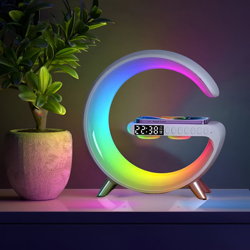 SmartiShine - Lampe de nuit stylée en forme de G - Station de charge sans fil multifonctionnelle avec horloge