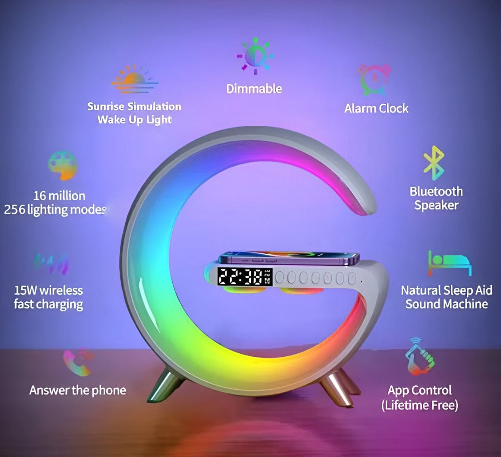 SmartiShine - Lampe de nuit stylée en forme de G - Station de charge sans fil multifonctionnelle avec horloge