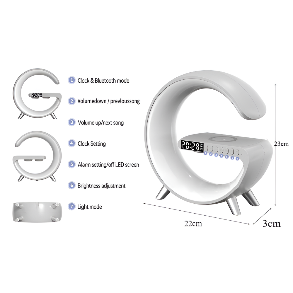 SmartiShine - Lampe de nuit stylée en forme de G - Station de charge sans fil multifonctionnelle avec horloge