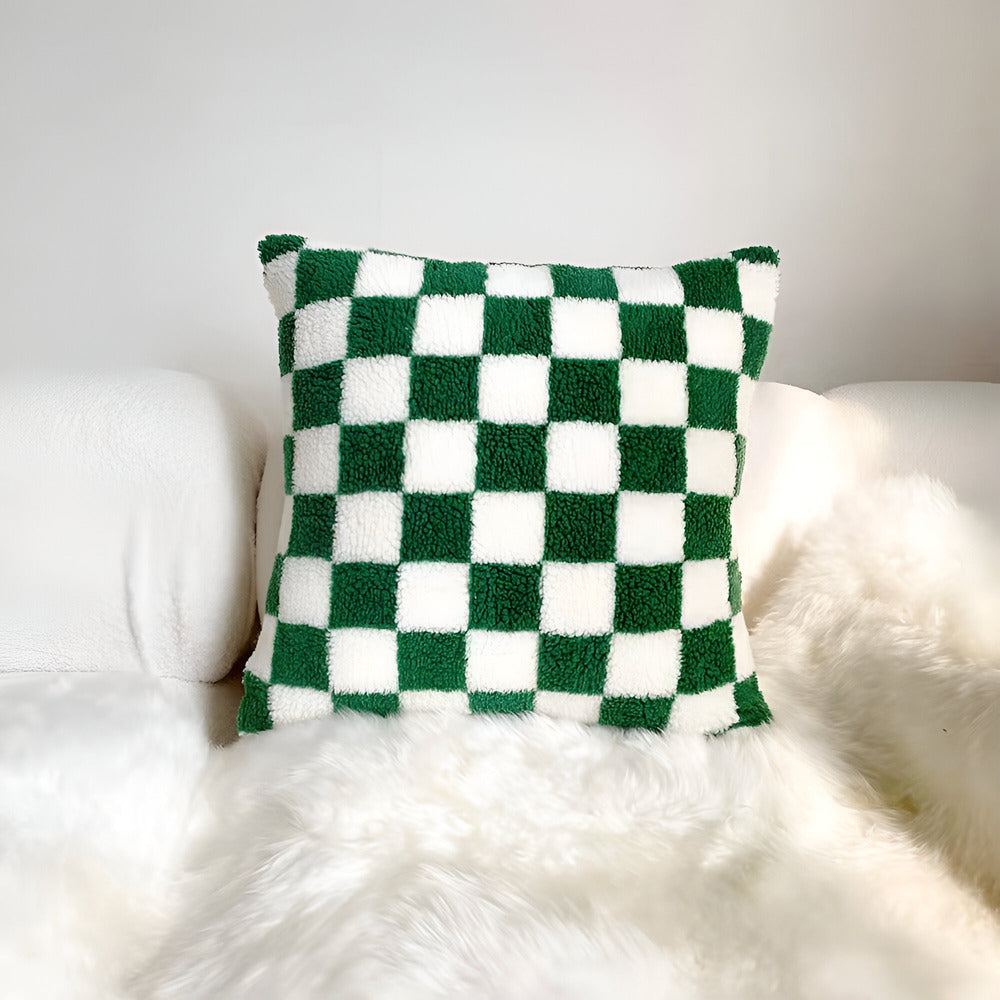 Housse de Coussin Élégante en Motif Échiquier en Vert Matcha et Brun Riche