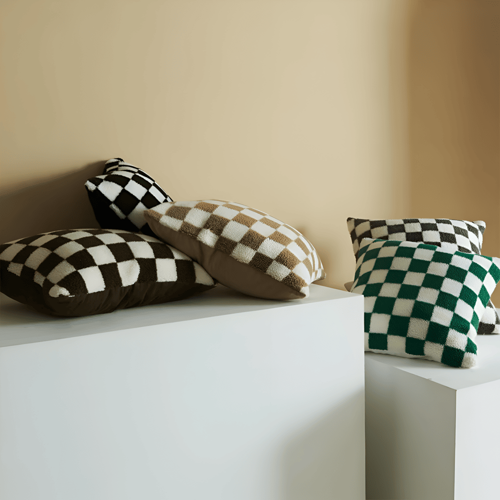 Housse de Coussin Élégante en Motif Échiquier en Vert Matcha et Brun Riche
