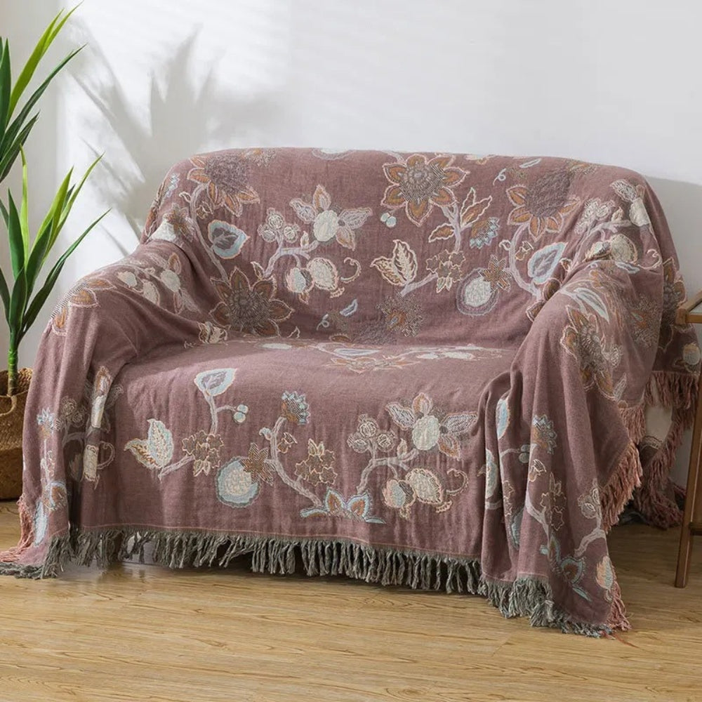 Couverture de lit en coton floral Orchid Trail avec pompons