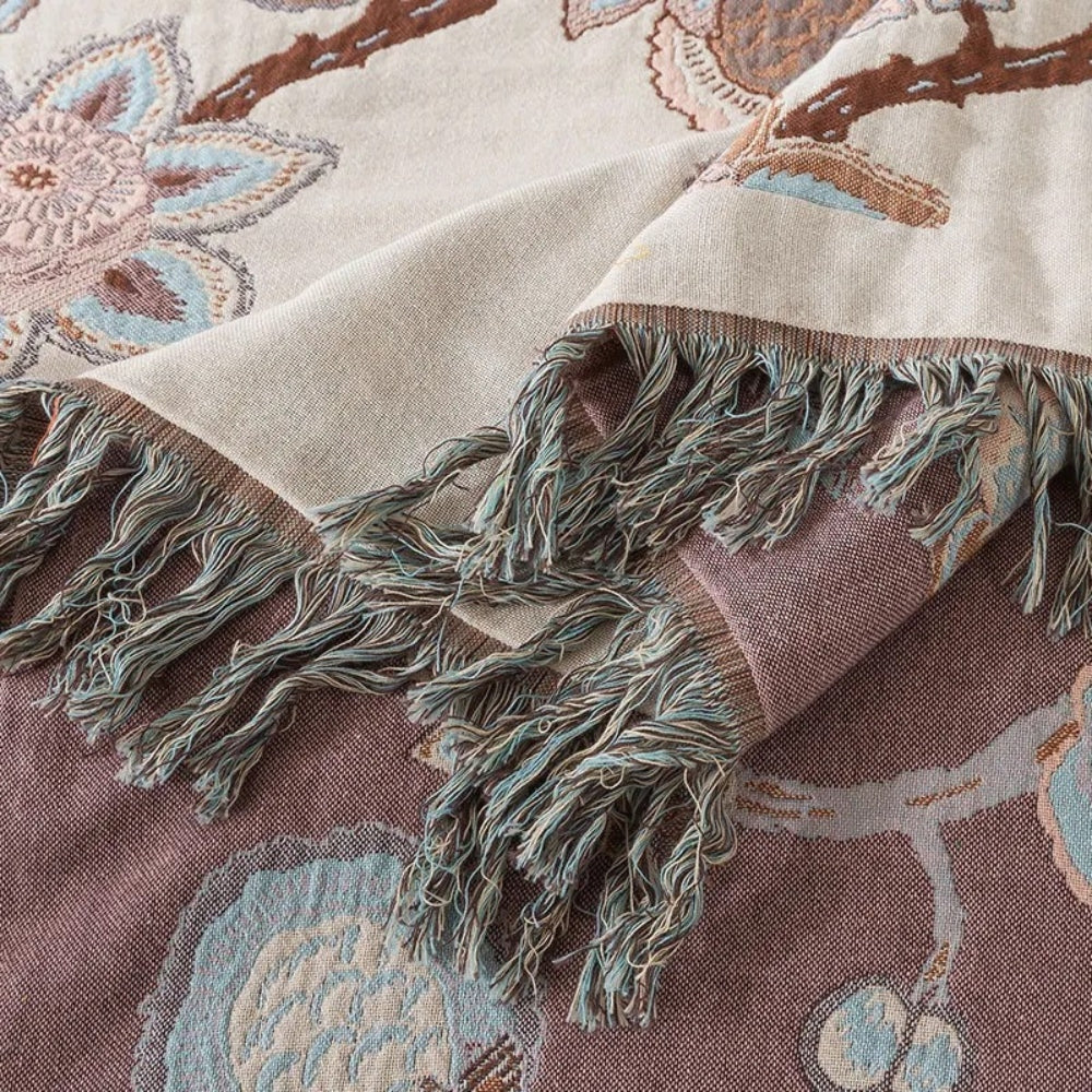 Couverture de lit en coton floral Orchid Trail avec pompons